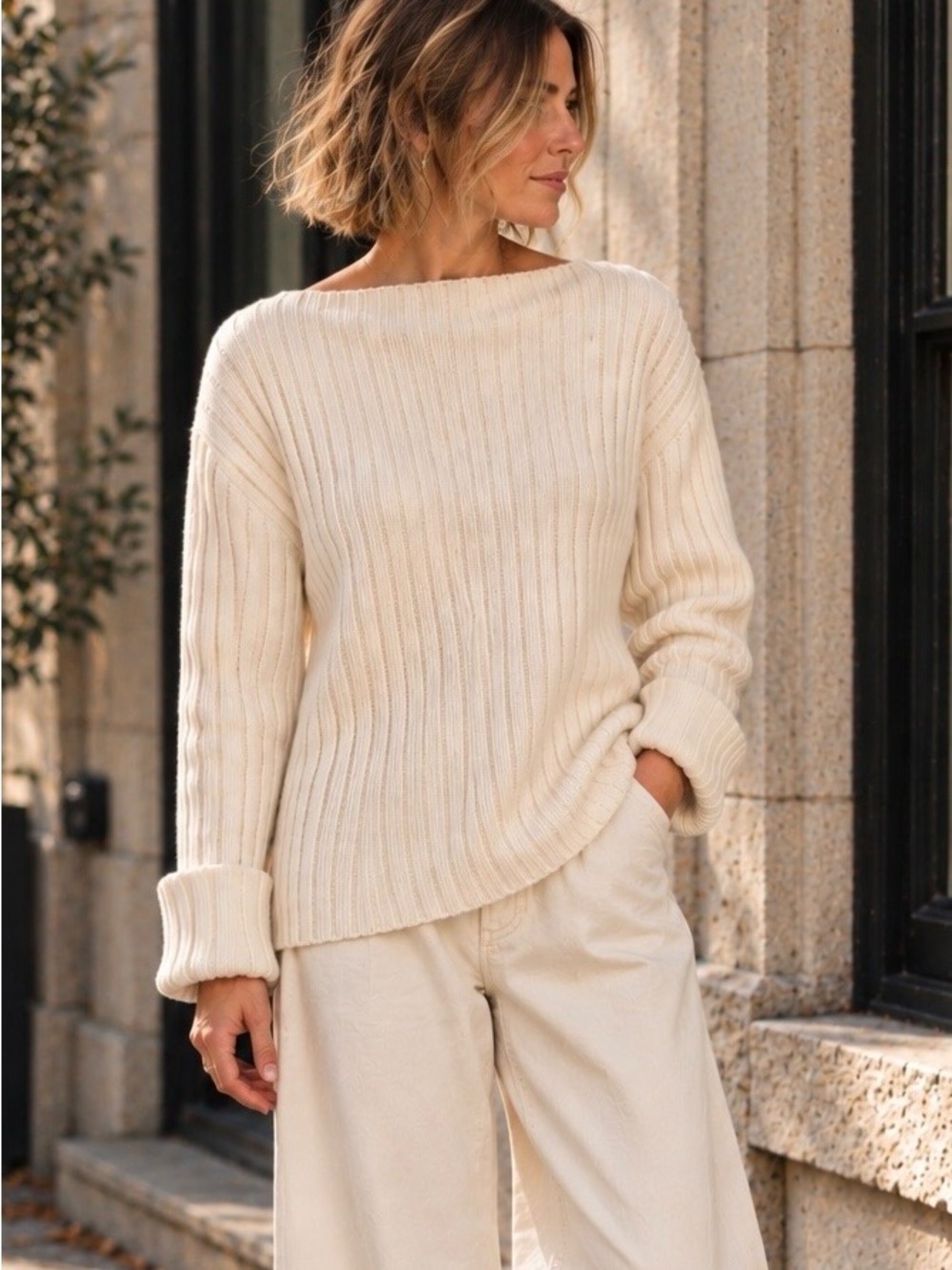 Jones New York Sport Vintage 100% Cotton Ribbed Boatneck Sweater – Large